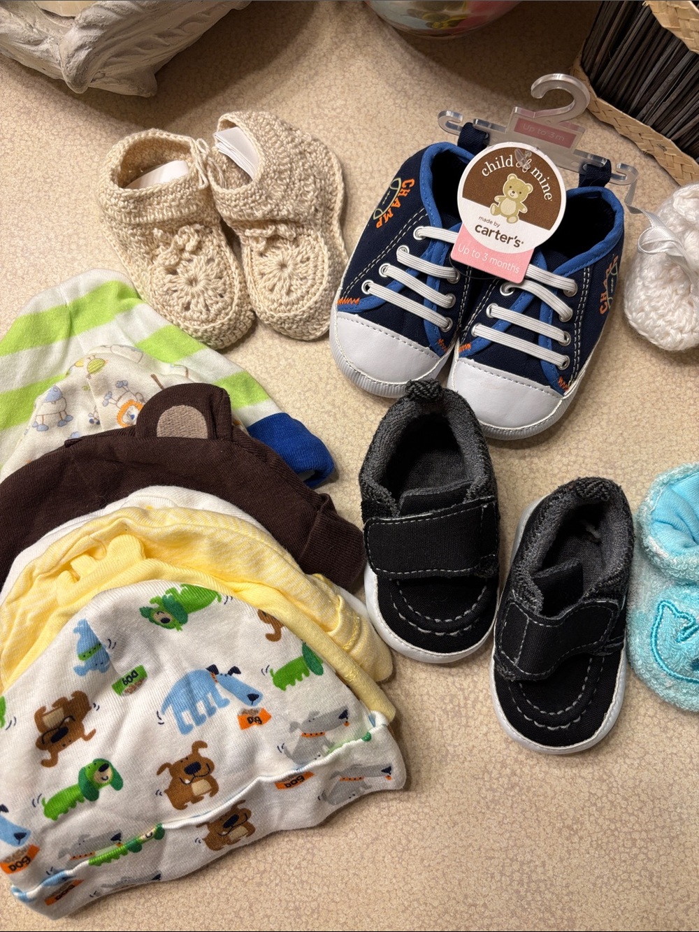 Baby Shoes, Hats & Book Bundle- Carter’s, Rugged Bear, Handmade